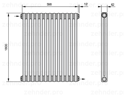 Схема (чертеж) Радиатор Zehnder Charleston 2180/13 №1670 Белый глянцевый RAL 9016